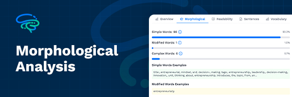 Morphological complexity analysis showing breakdown of simple, modified, and complex words with visual representation