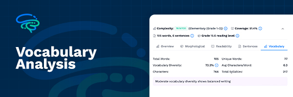 Vocabulary analysis showing lexical diversity, unique word ratio, and vocabulary sophistication metrics